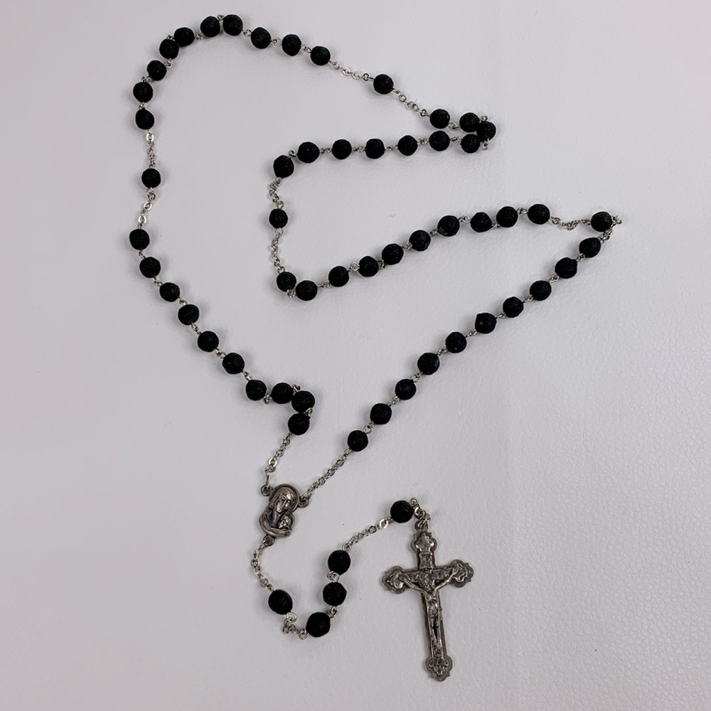 Vintage Rosary Beads Holy necklace Silver medallion Black beads